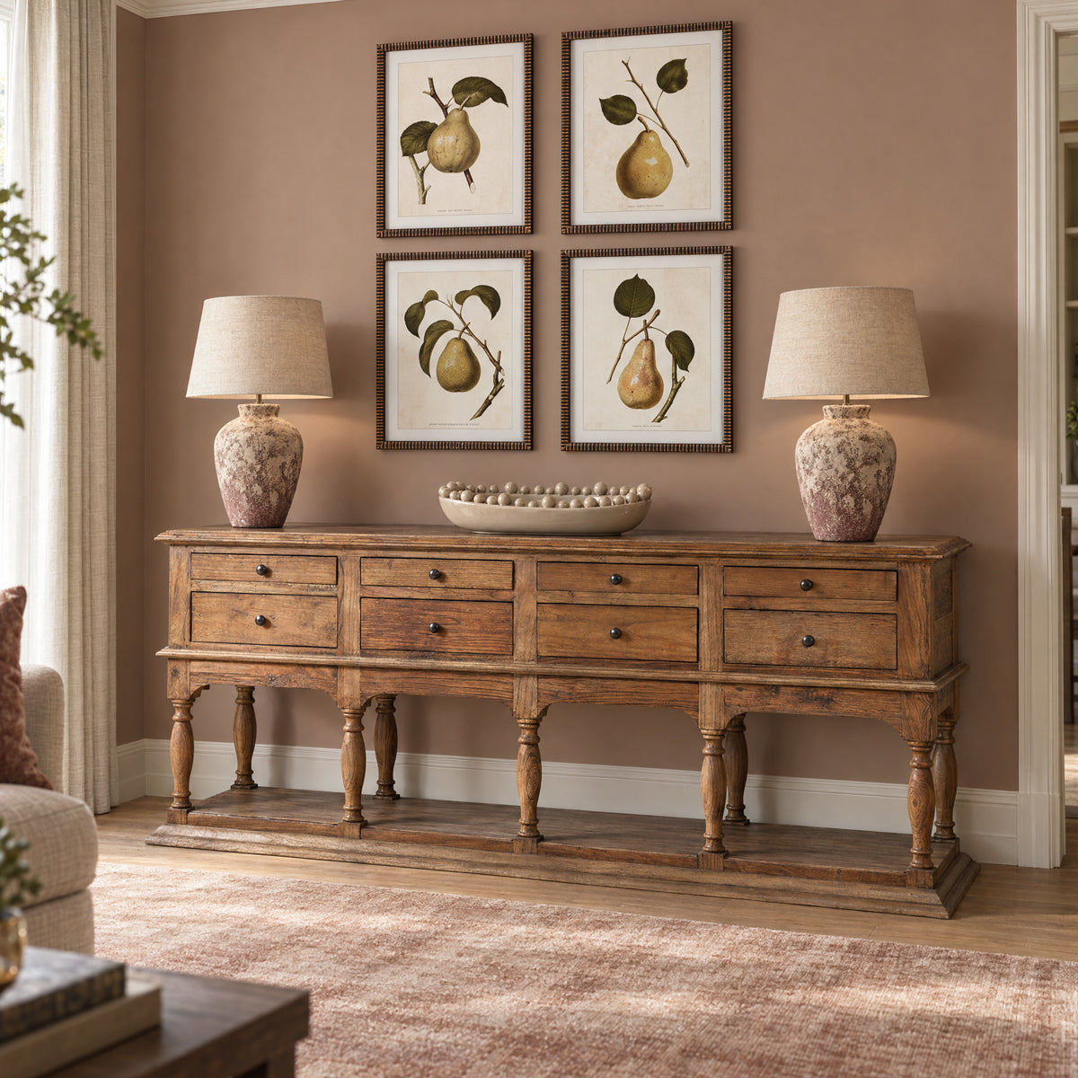 Dark Pine Wood 8 Drawer Console