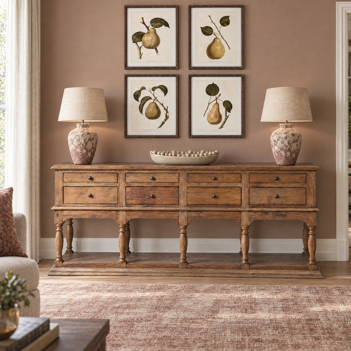 Dark Pine Wood 8 Drawer Console