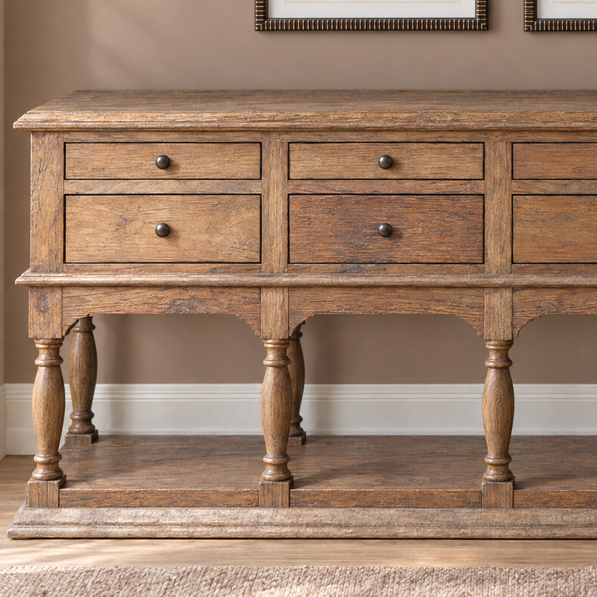Dark Pine Wood 8 Drawer Console