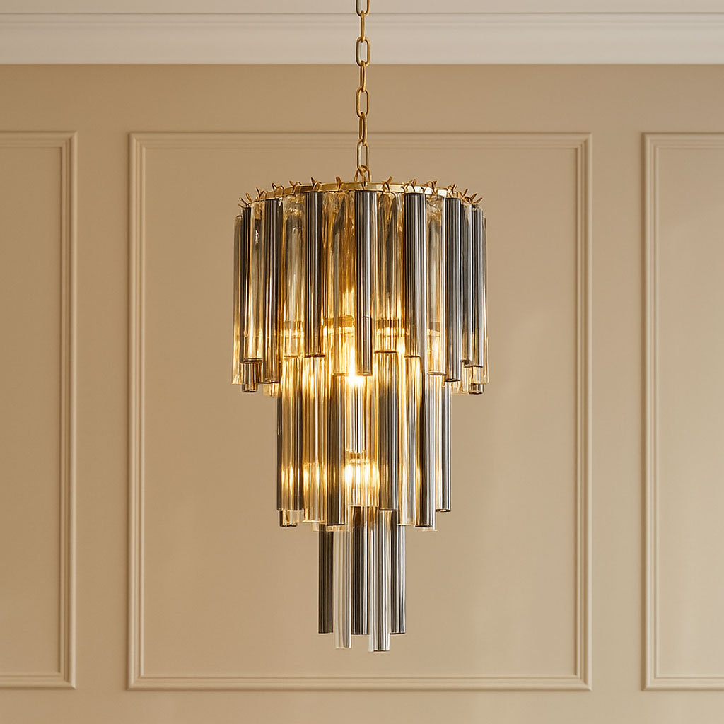 Chandelier with gold and silver accents on a beige wall