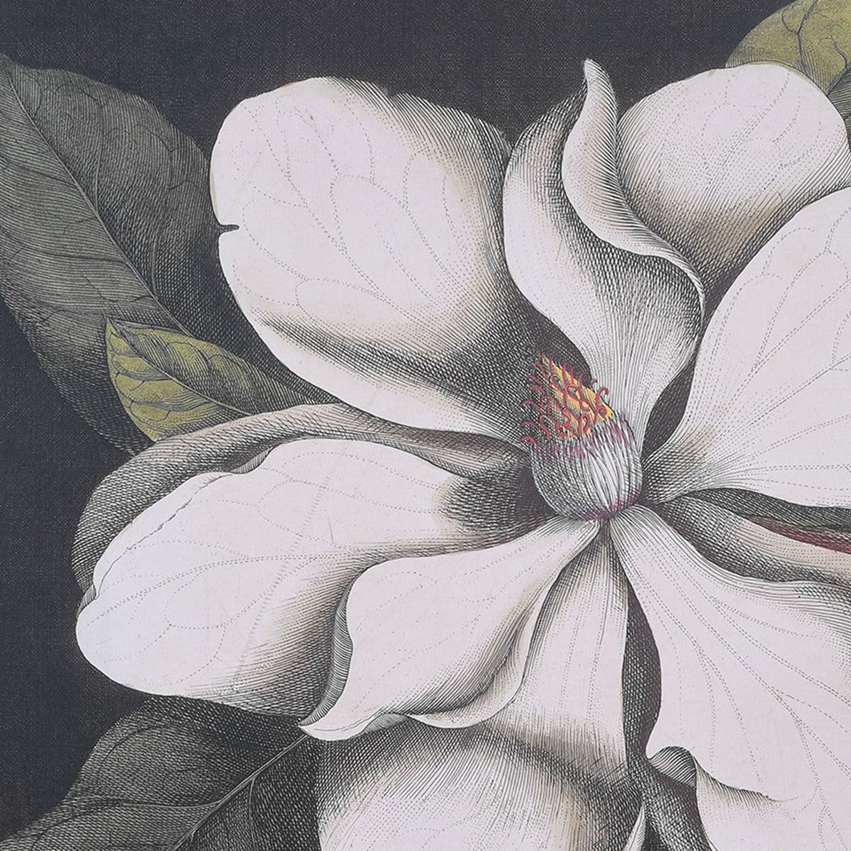 A close up of a floral canvas art, with a large white flower.