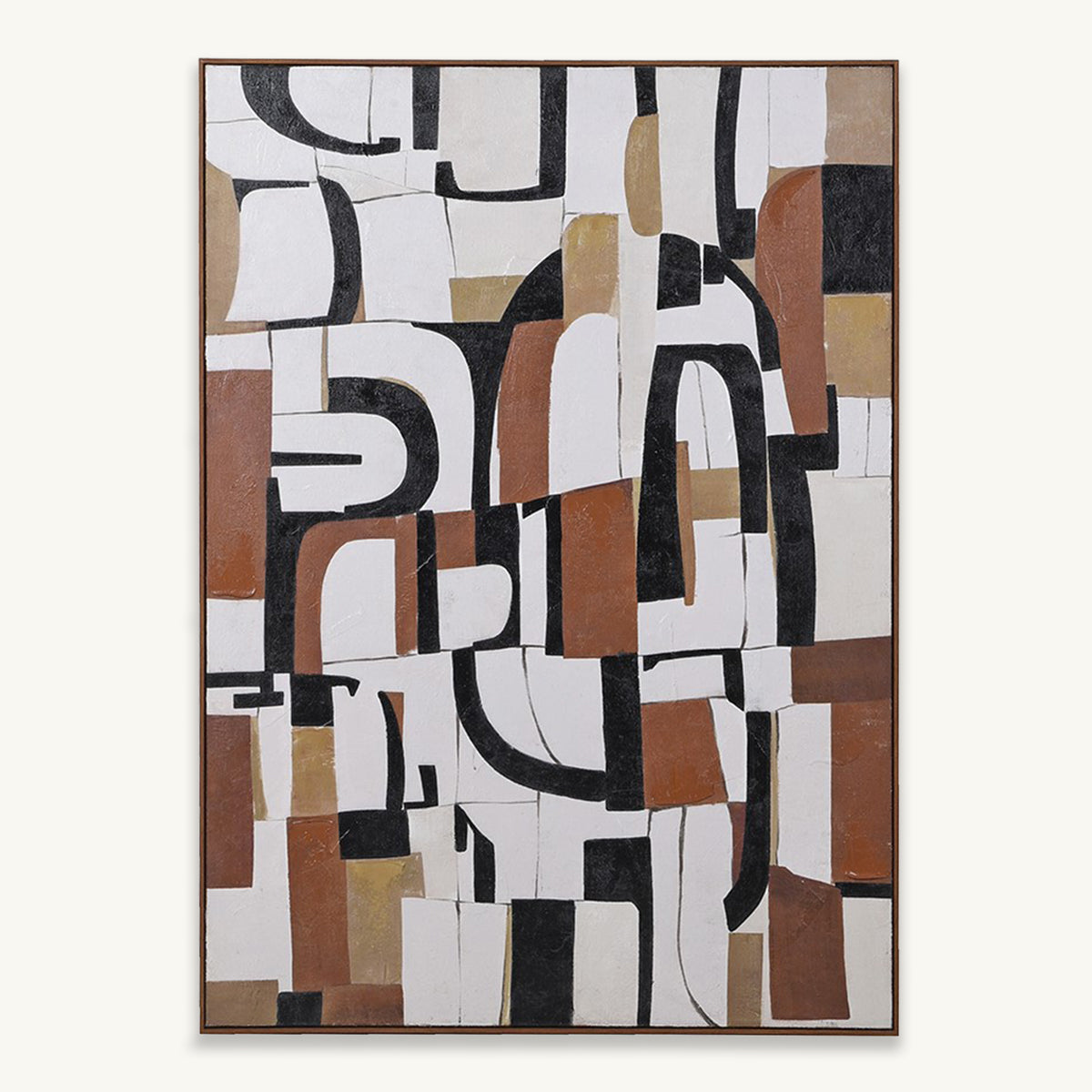 Abstract art piece with geometric shapes in brown, black, and white on a white background