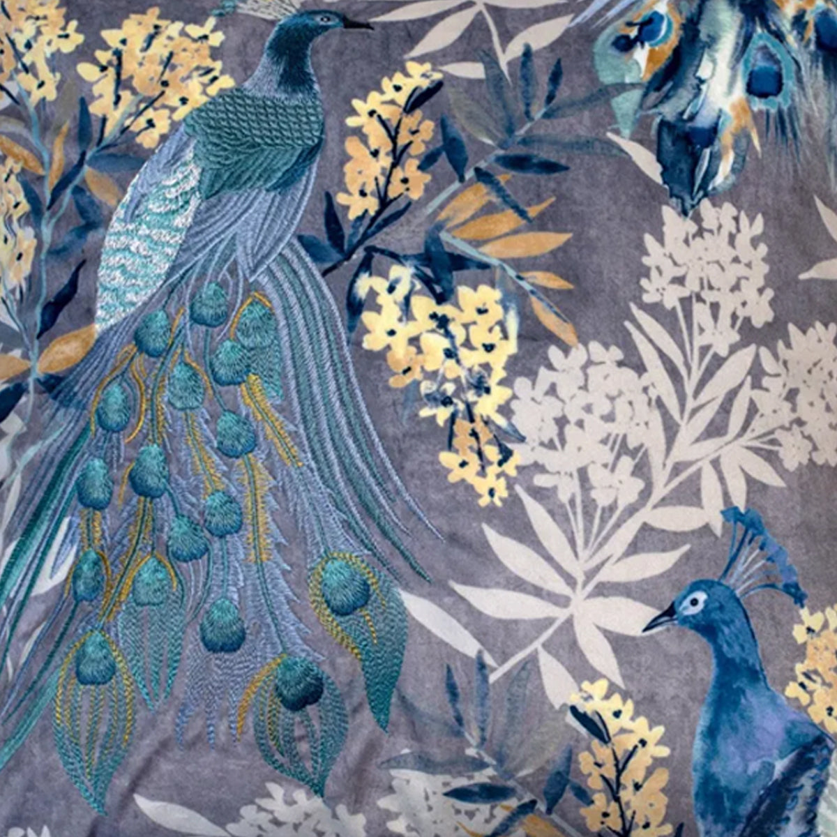 Pattern of peacocks and floral elements on a gray background