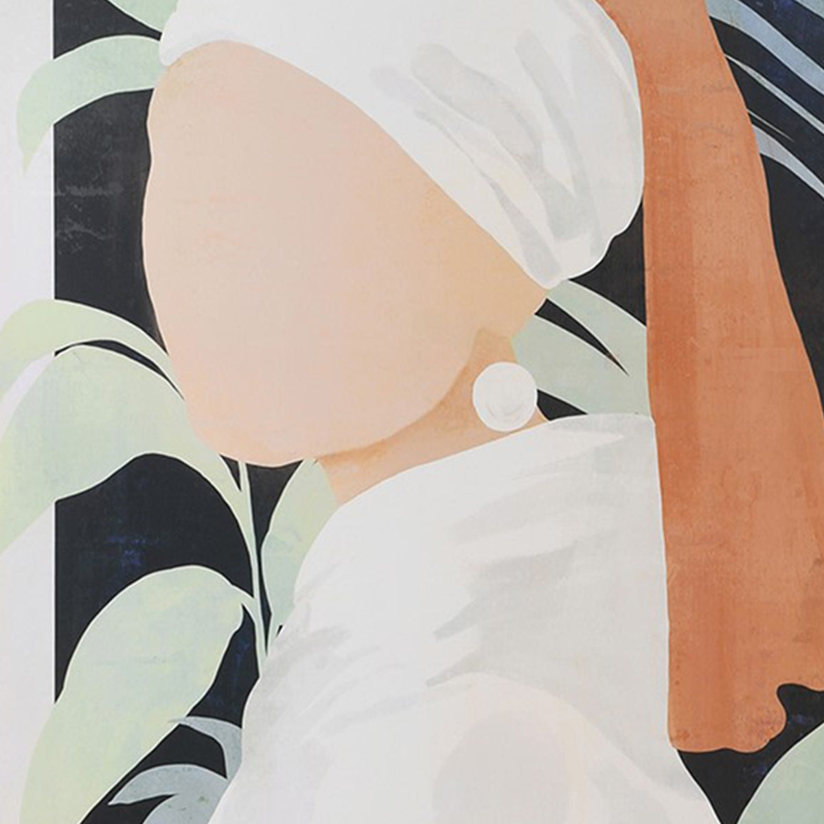 A close up of a canvas featuring a lady with a pearl earring in orange, green & black tones.