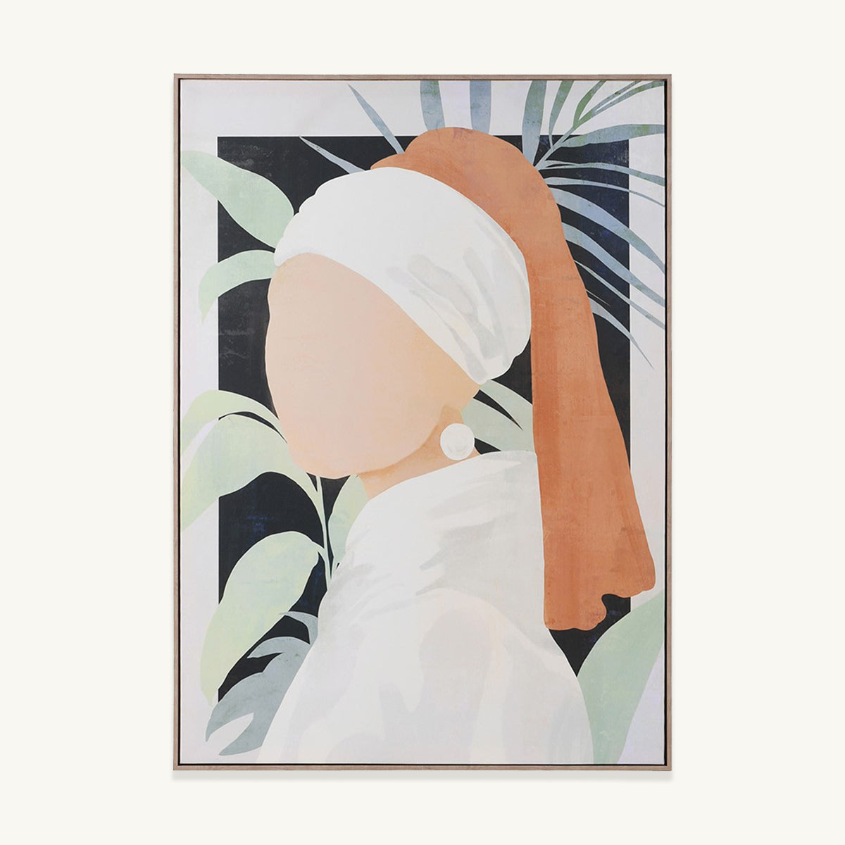 A framed wall canvas, a contemporary interpretation of the classic female with pearl earring artwork.