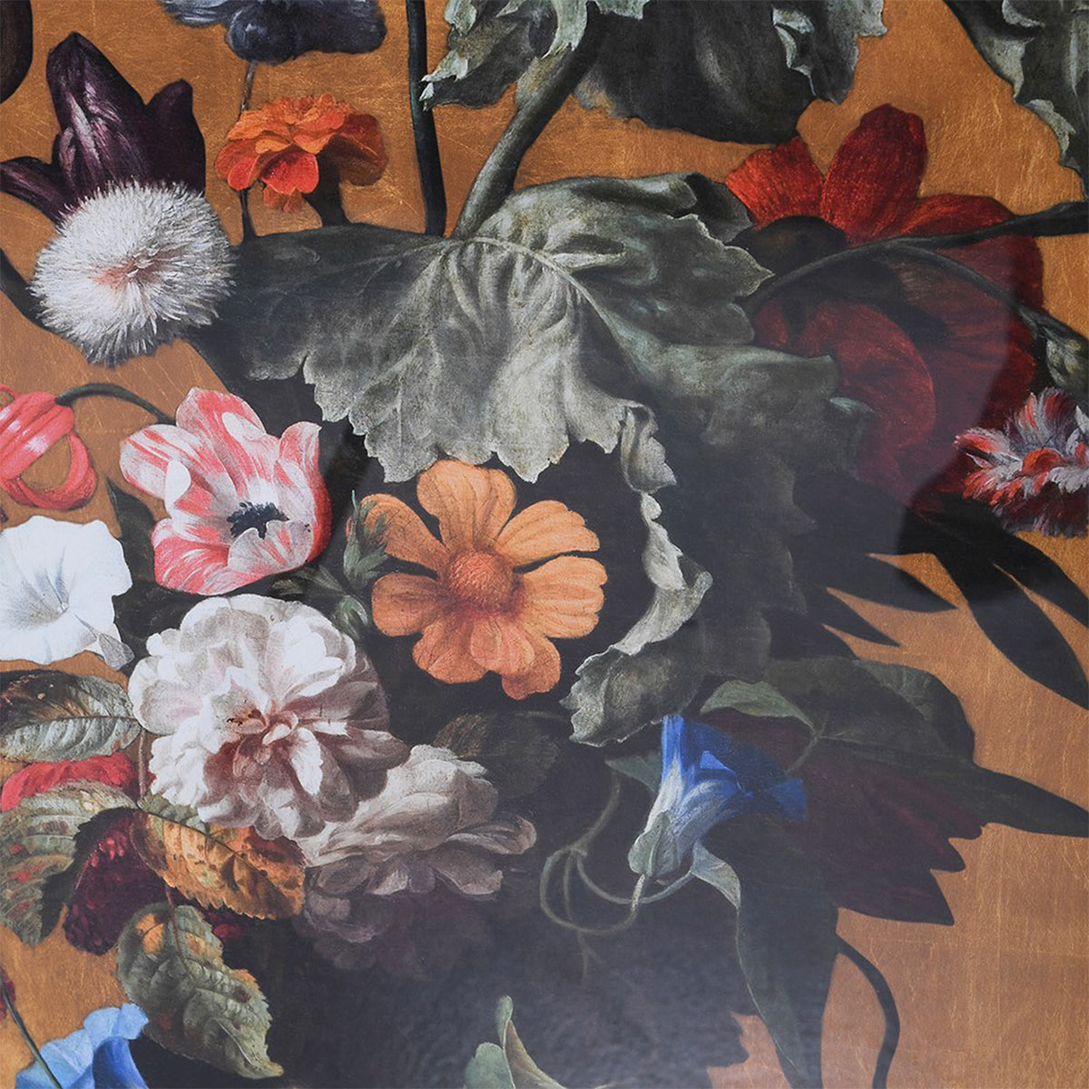 Detailed painting of flowers and leaves on a textured surface