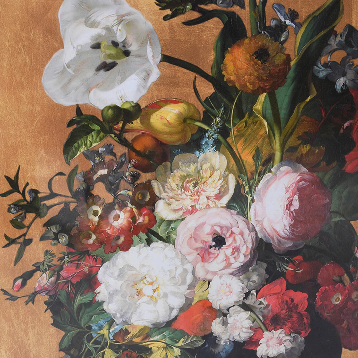 Detailed painting of a bouquet of flowers with a warm brown background