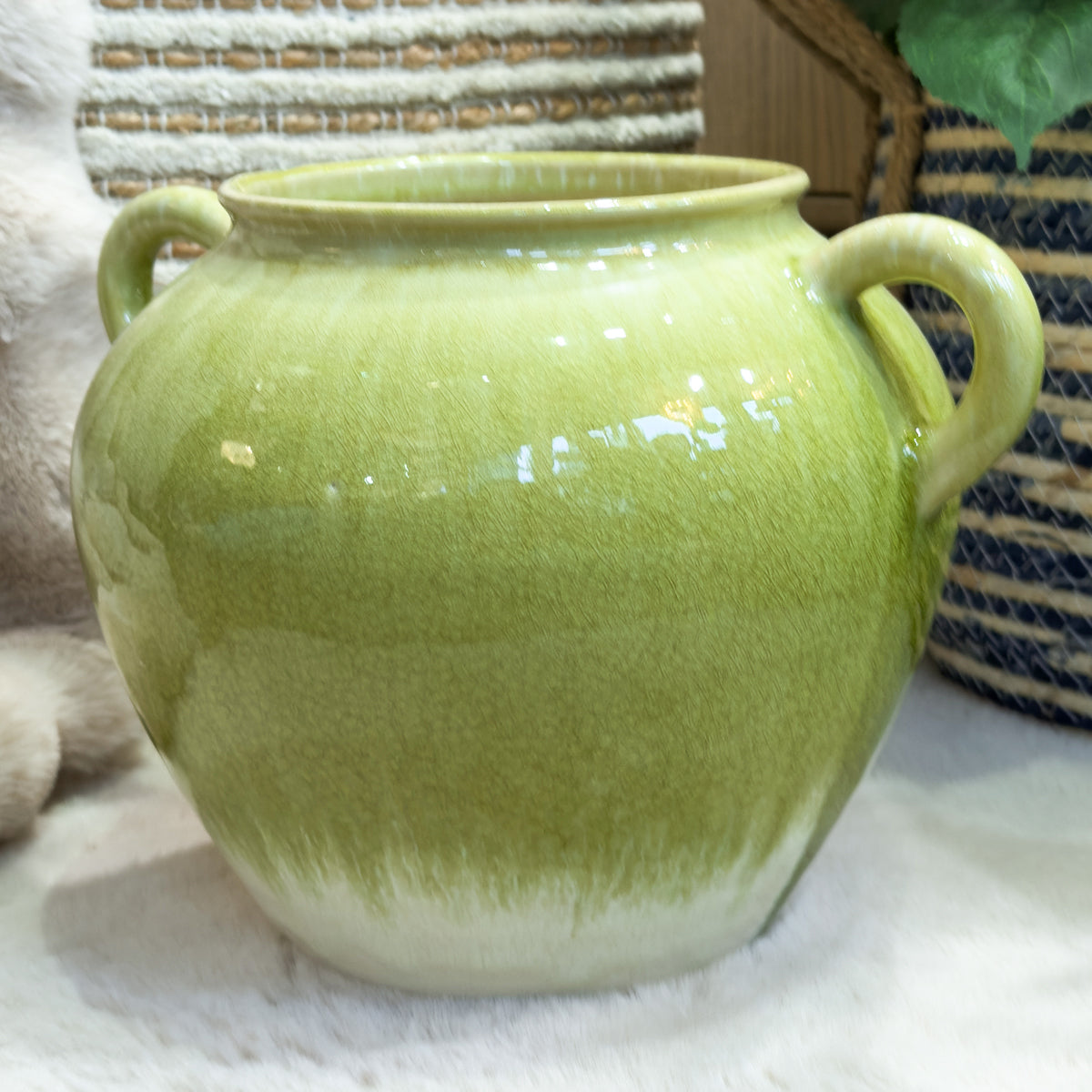 Green & White Ombre Glazed Handle Vase - Round