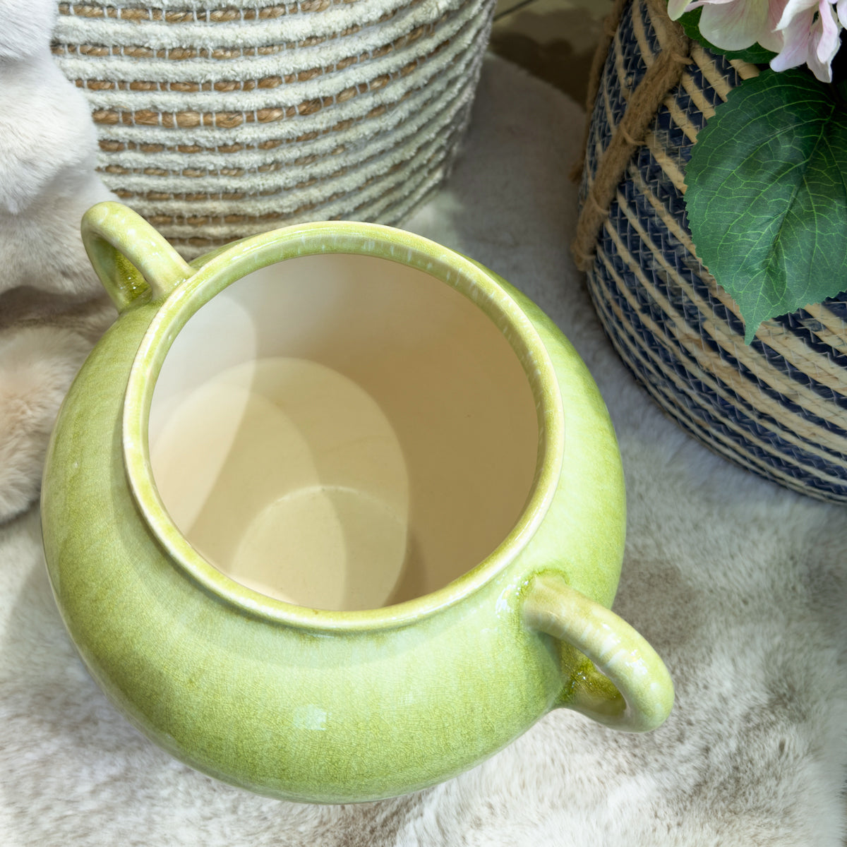 Green & White Ombre Glazed Handle Vase - Round