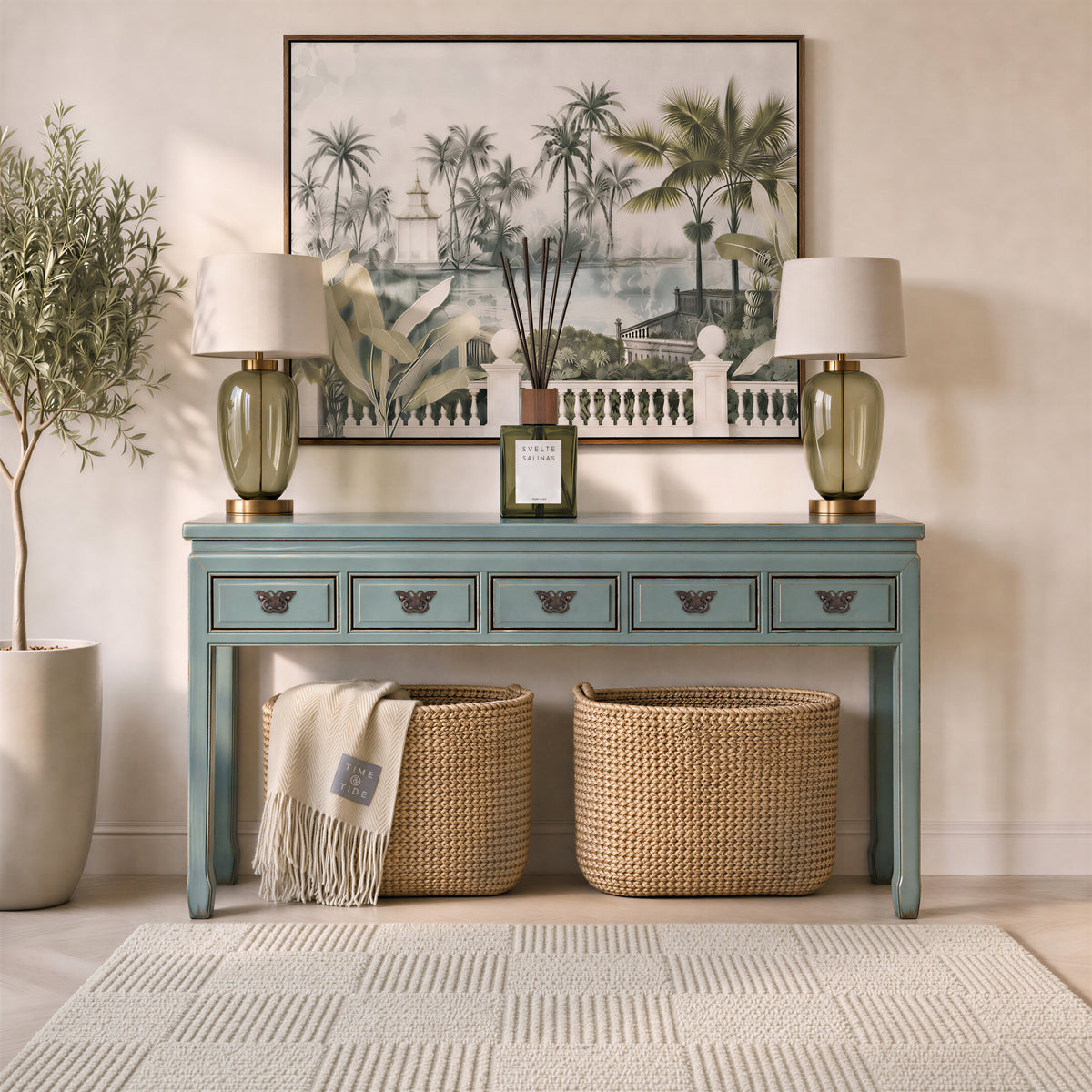 Grey Blue 5 Drawer Lacquered Console