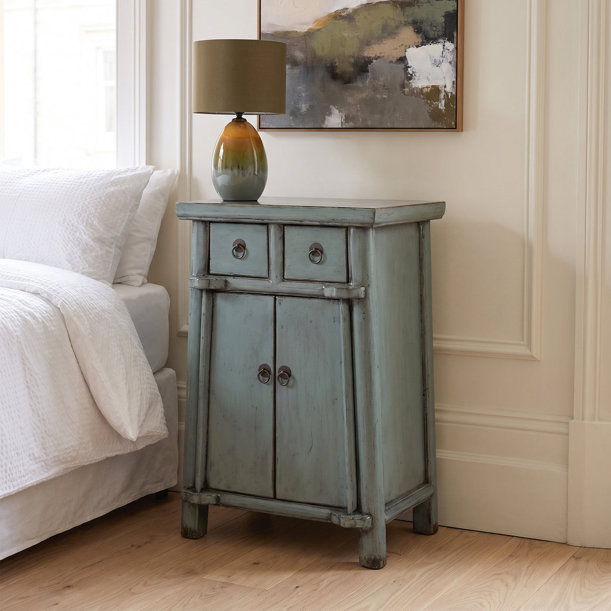 Grey Blue Laquered Pine 2 Door Side Table