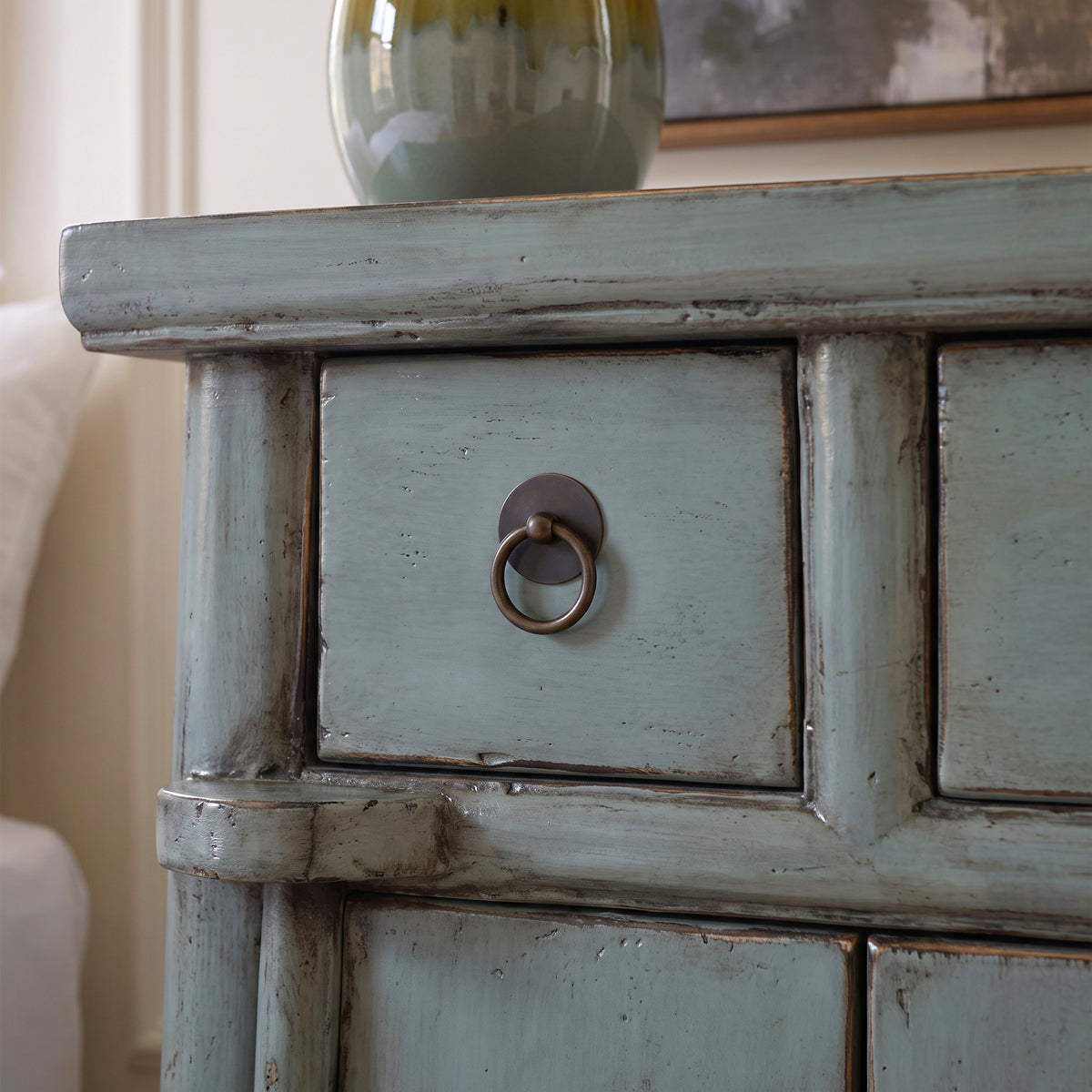 Grey Blue Laquered Pine 2 Door Side Table