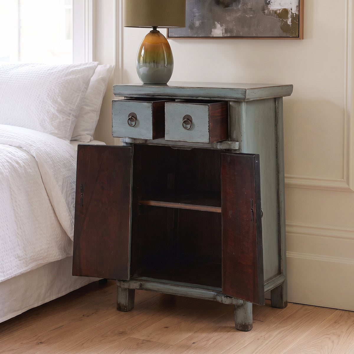 Grey Blue Laquered Pine 2 Door Side Table
