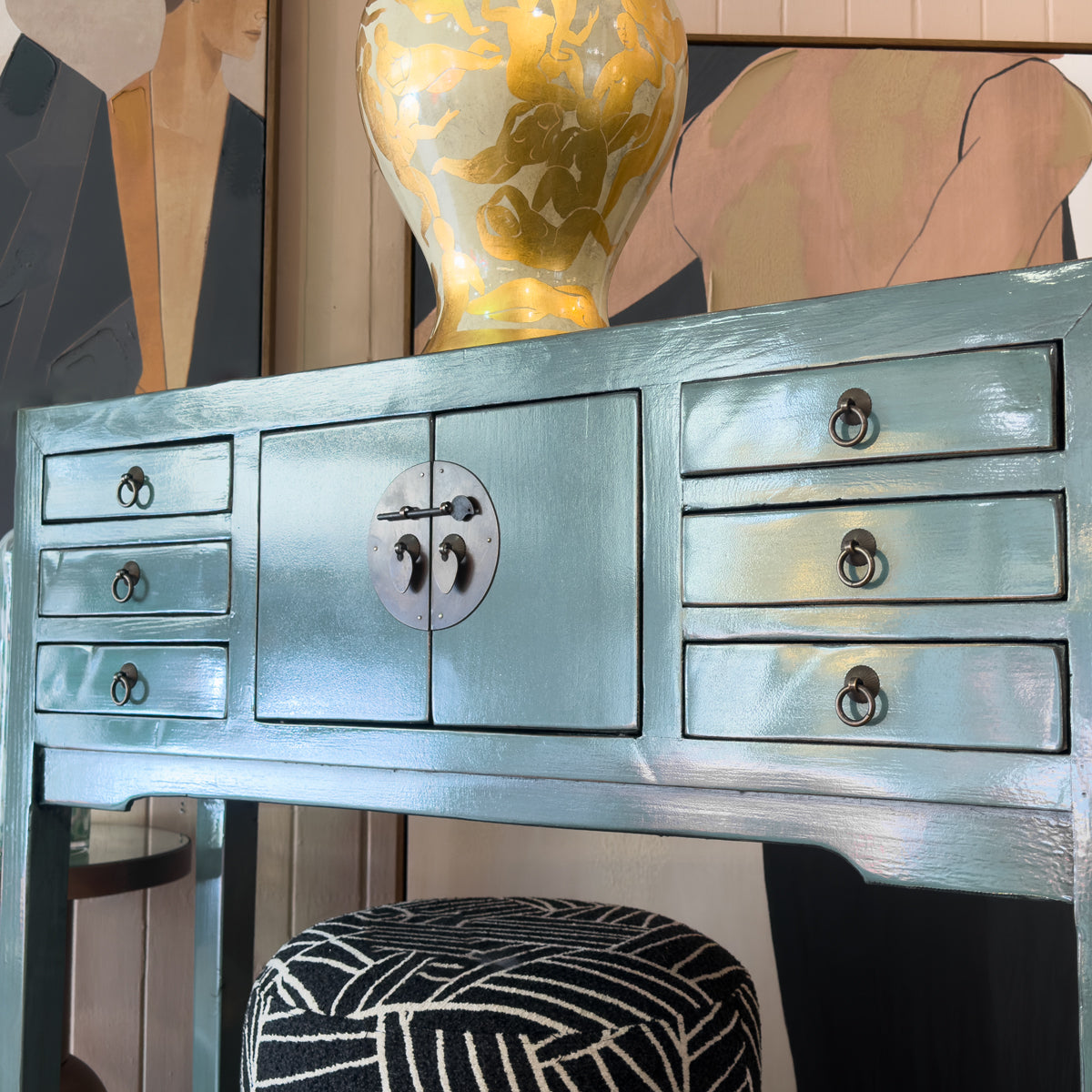 Grey Blue Laquered Pine & Copper Console