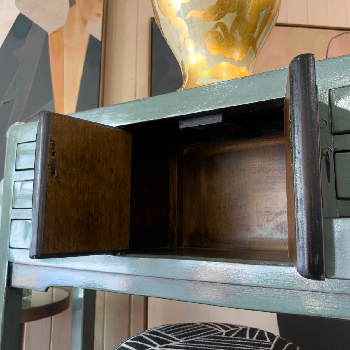 Grey Blue Laquered Pine & Copper Console