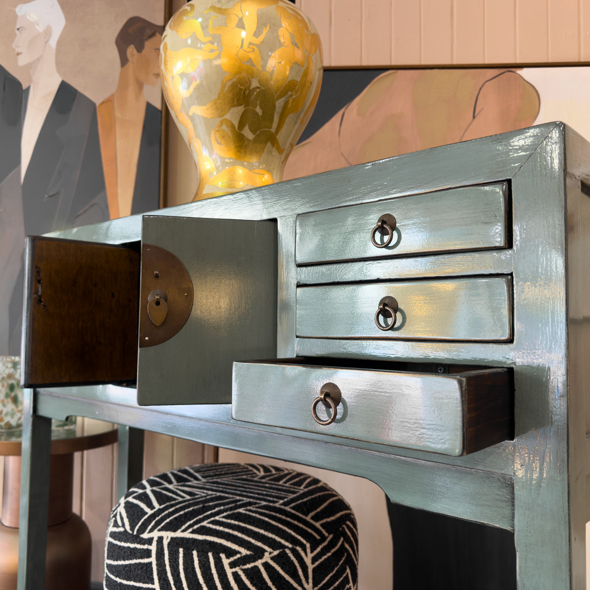 Grey Blue Laquered Pine & Copper Console