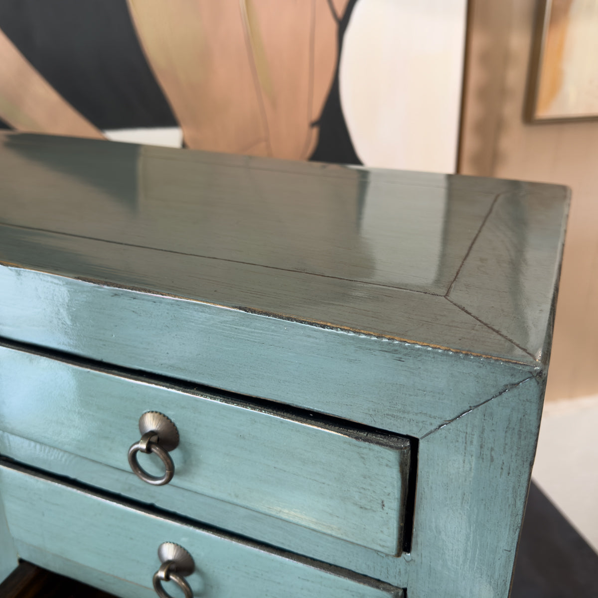 Grey Blue Laquered Pine & Copper Console