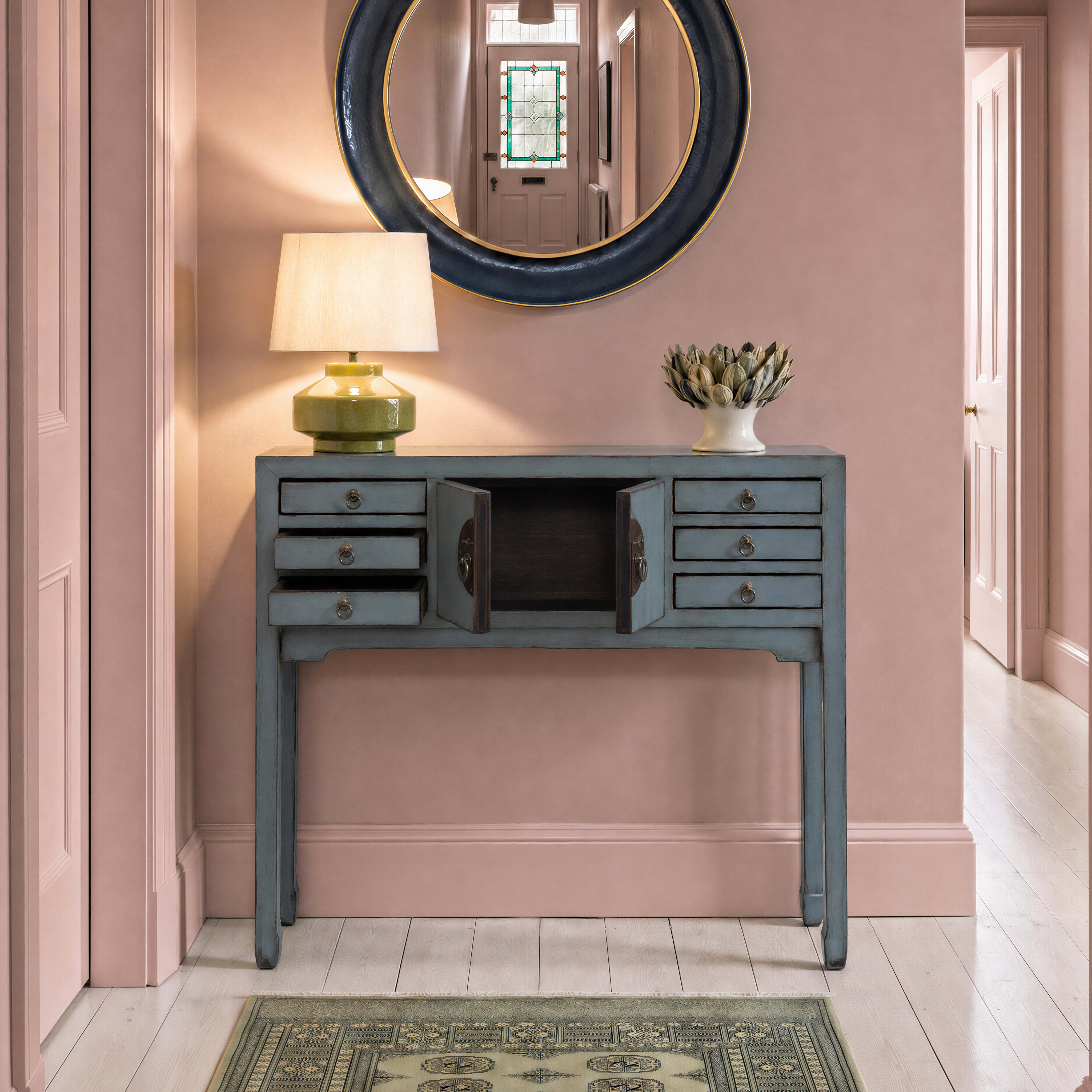 Grey Blue Laquered Pine & Copper Console