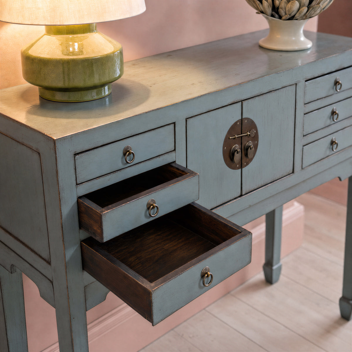 Grey Blue Laquered Pine & Copper Console