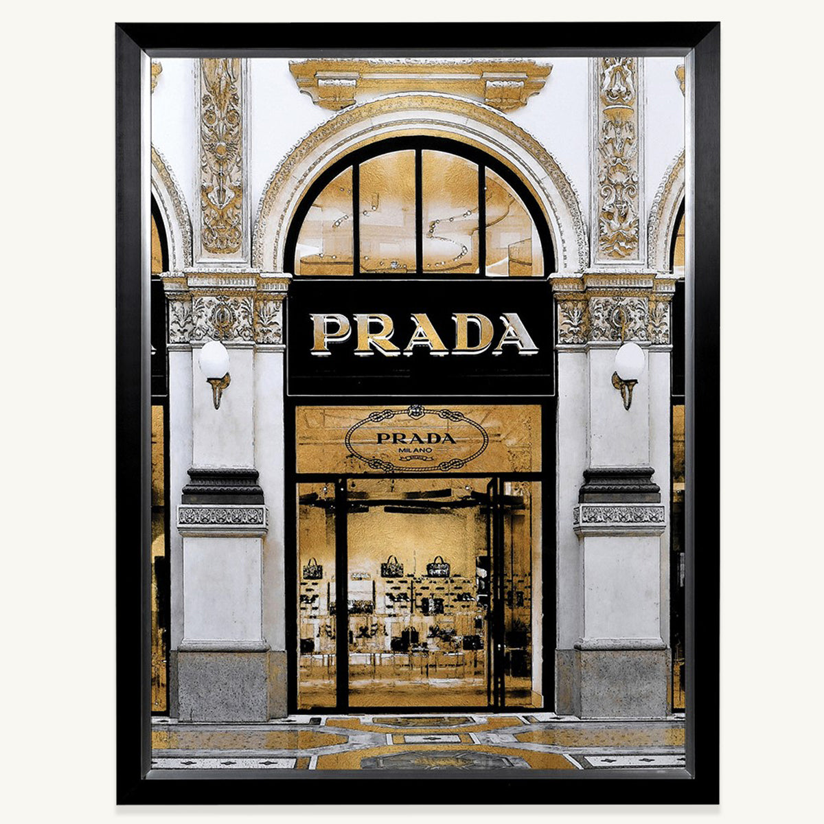 A framed artwork of an Italian designer brand storefront in monochrome and gold tones.