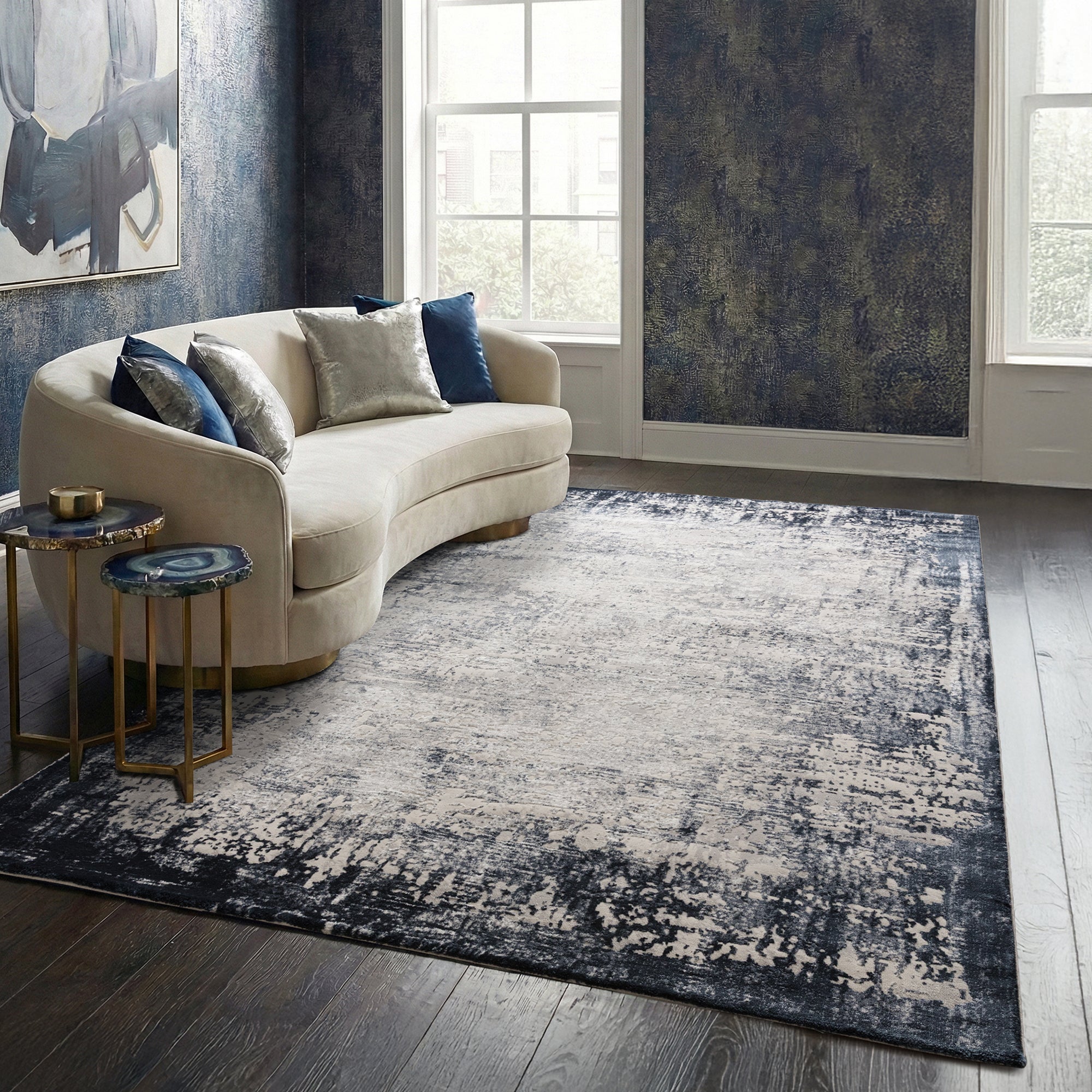 Distressed Navy Border Rug - Various Sizes