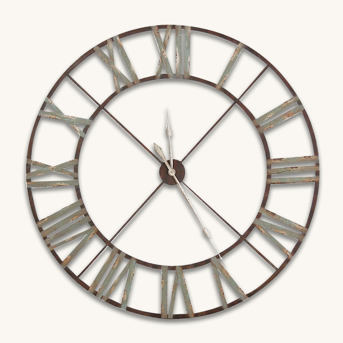 Large skeleton round wall clock with Roman numeral markers on a white background
