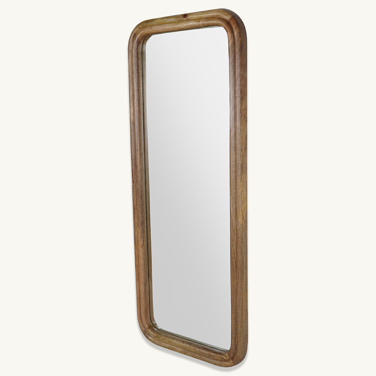 A curved edge retro full length mirror, with a mango wood frame.
