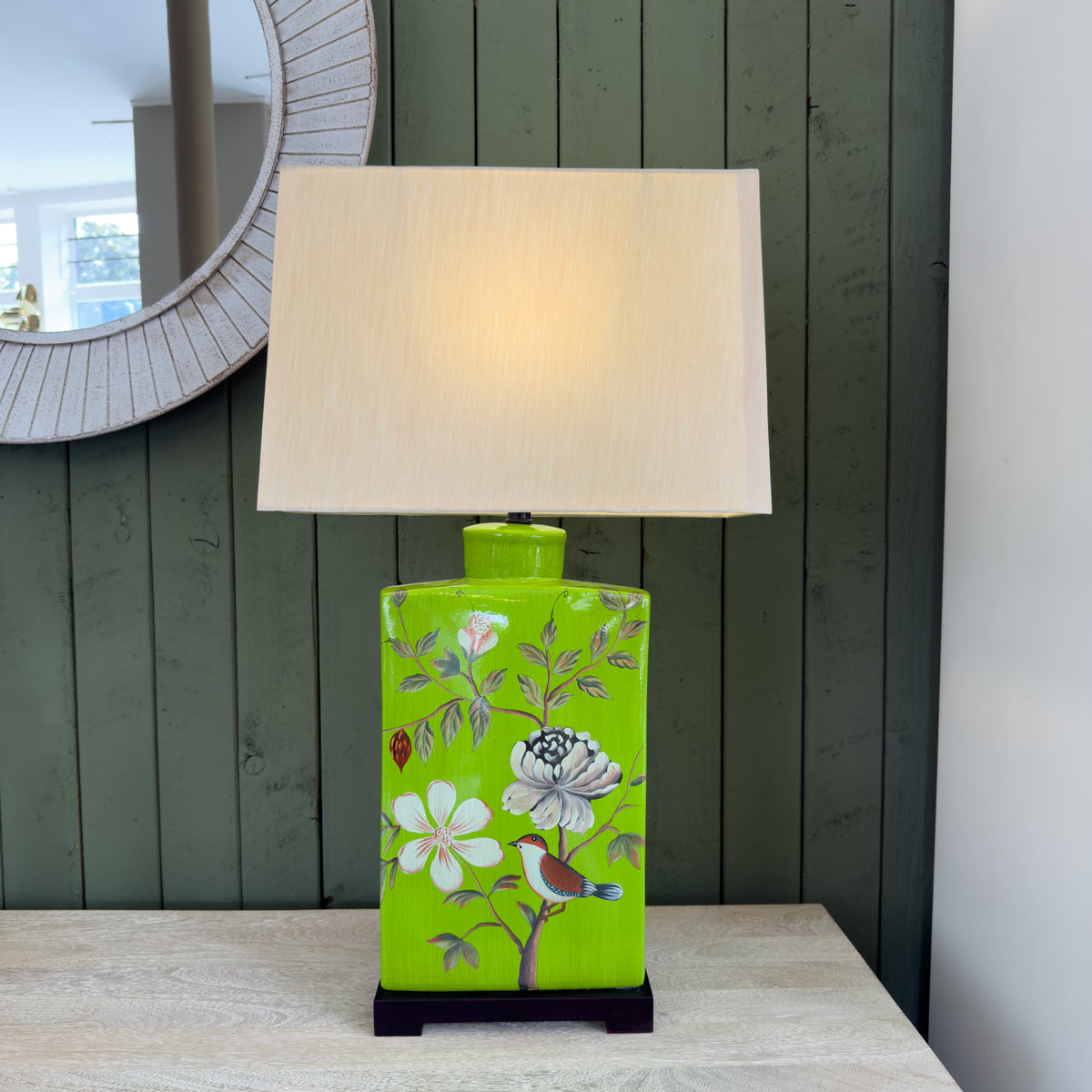 Olive Painted Floral & Bird Lamp