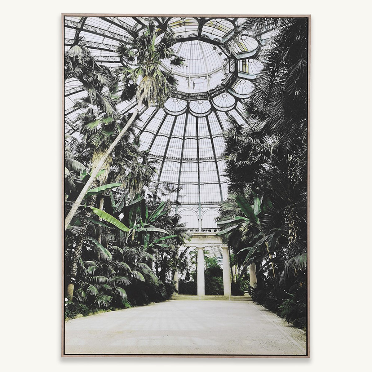 A framed canvase of a glasshouse with tropical greenery and ornate roof