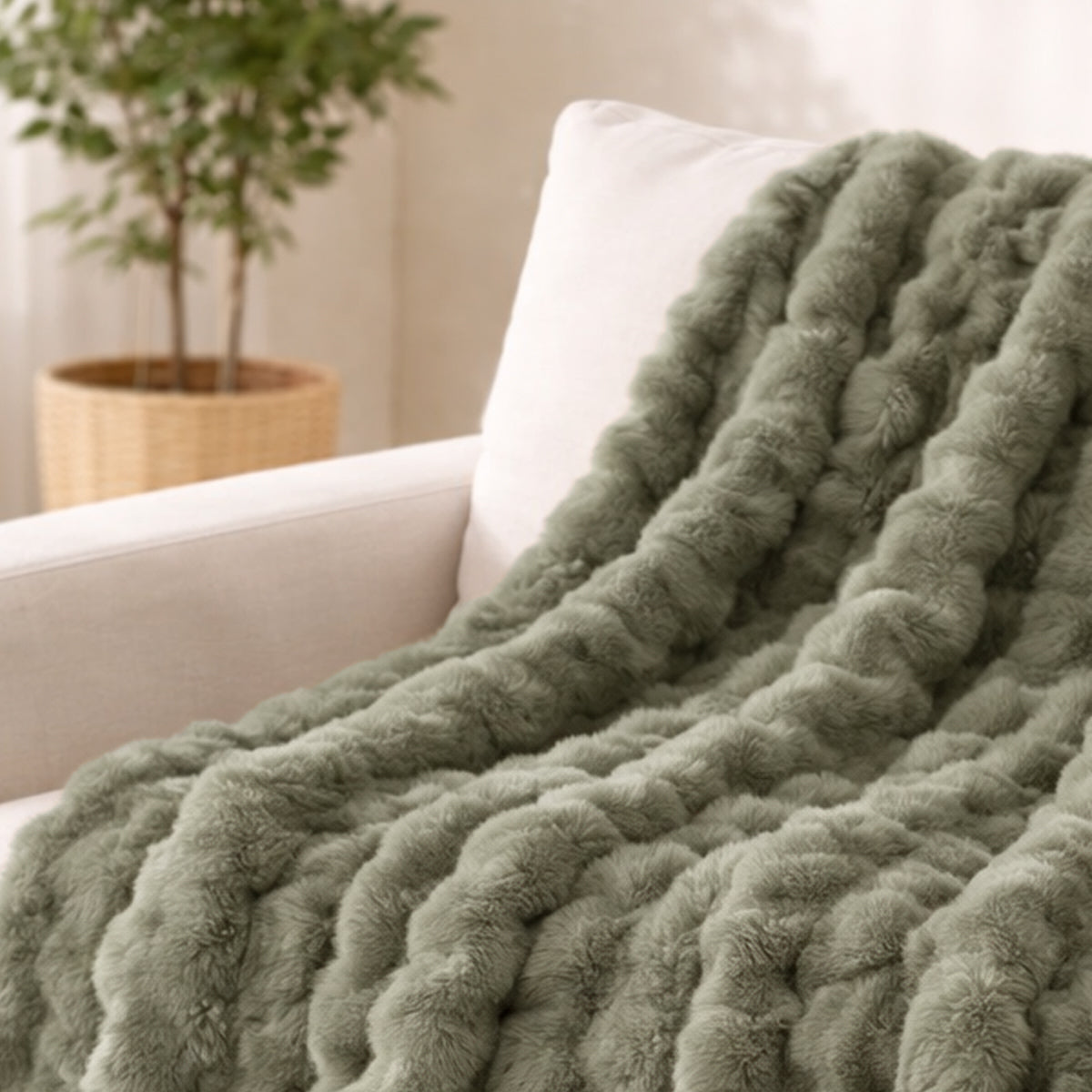 Luxe Wavy Sage Green Fur Throw -150x200cm
