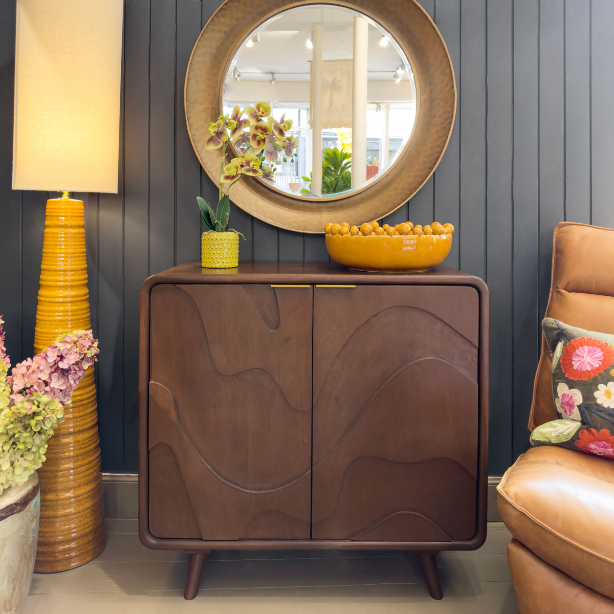 Dark Mango Wood Wave Front 2 Door Cabinet