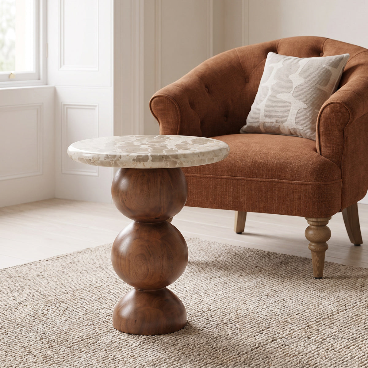 Marble & Mango Wood Spherical Base Side Table