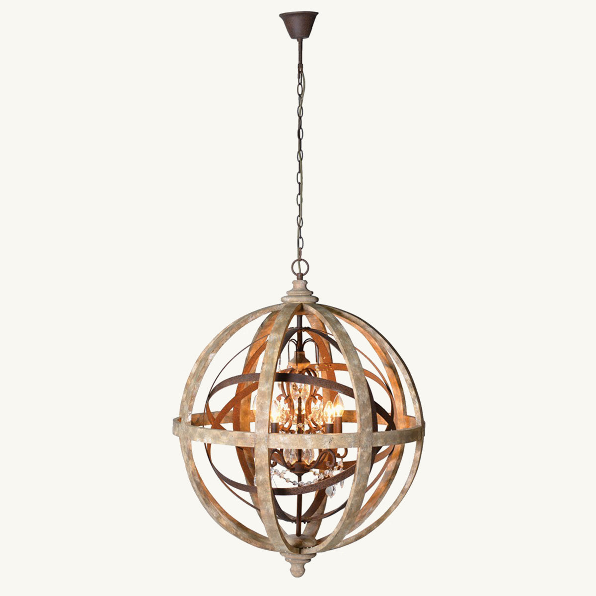 A globe shaped chandelier which is crafted from metal and crystal.