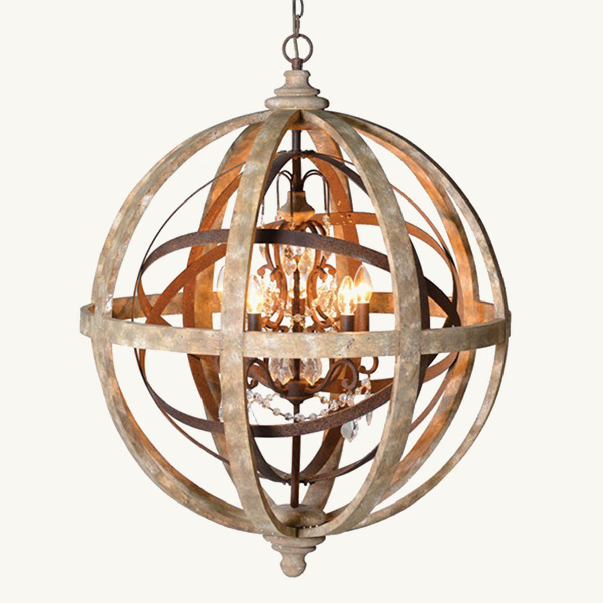 A orb shaped chandelier with intertwining metal bars and crystal embellishments.
