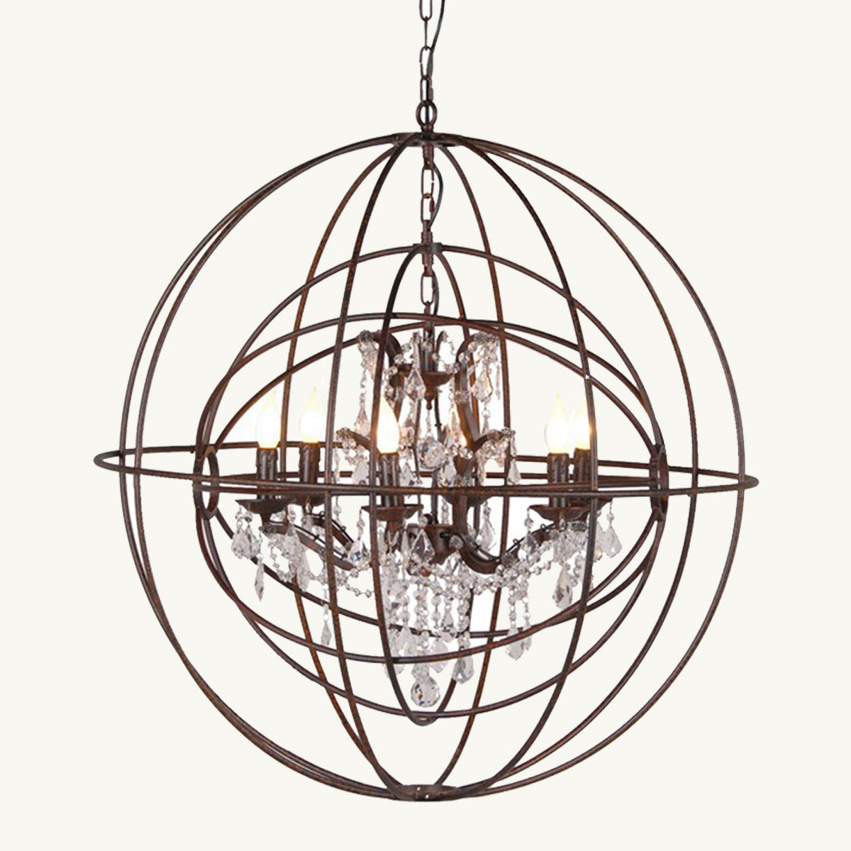 A circular chandelier with iron metalwork rings and crystal embellishments in the centre.