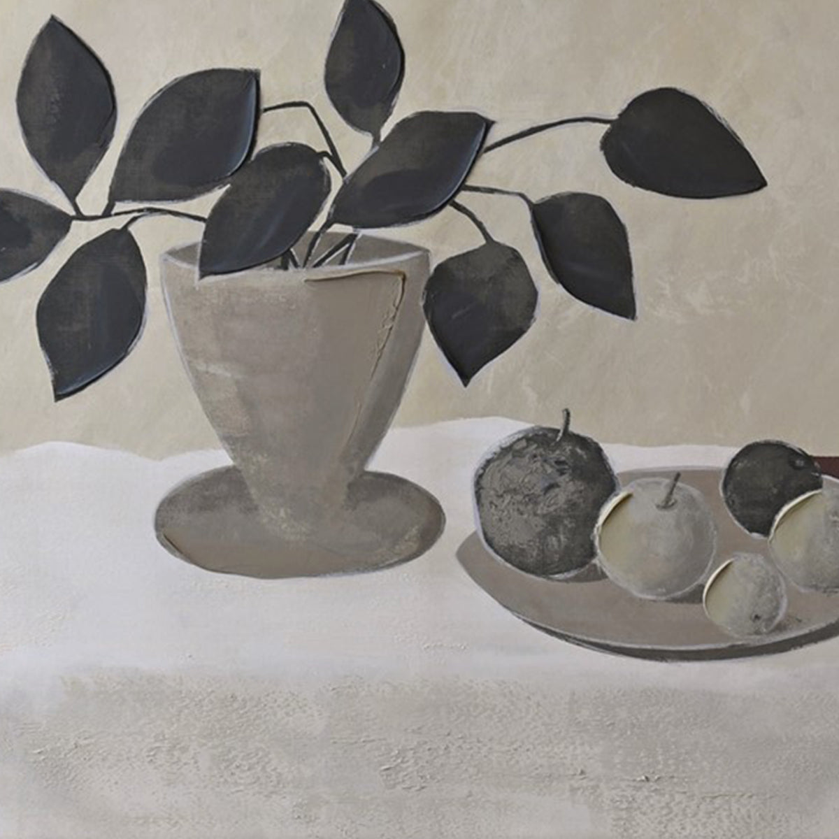 Still life with a vase, leaves, and fruits on a textured surface