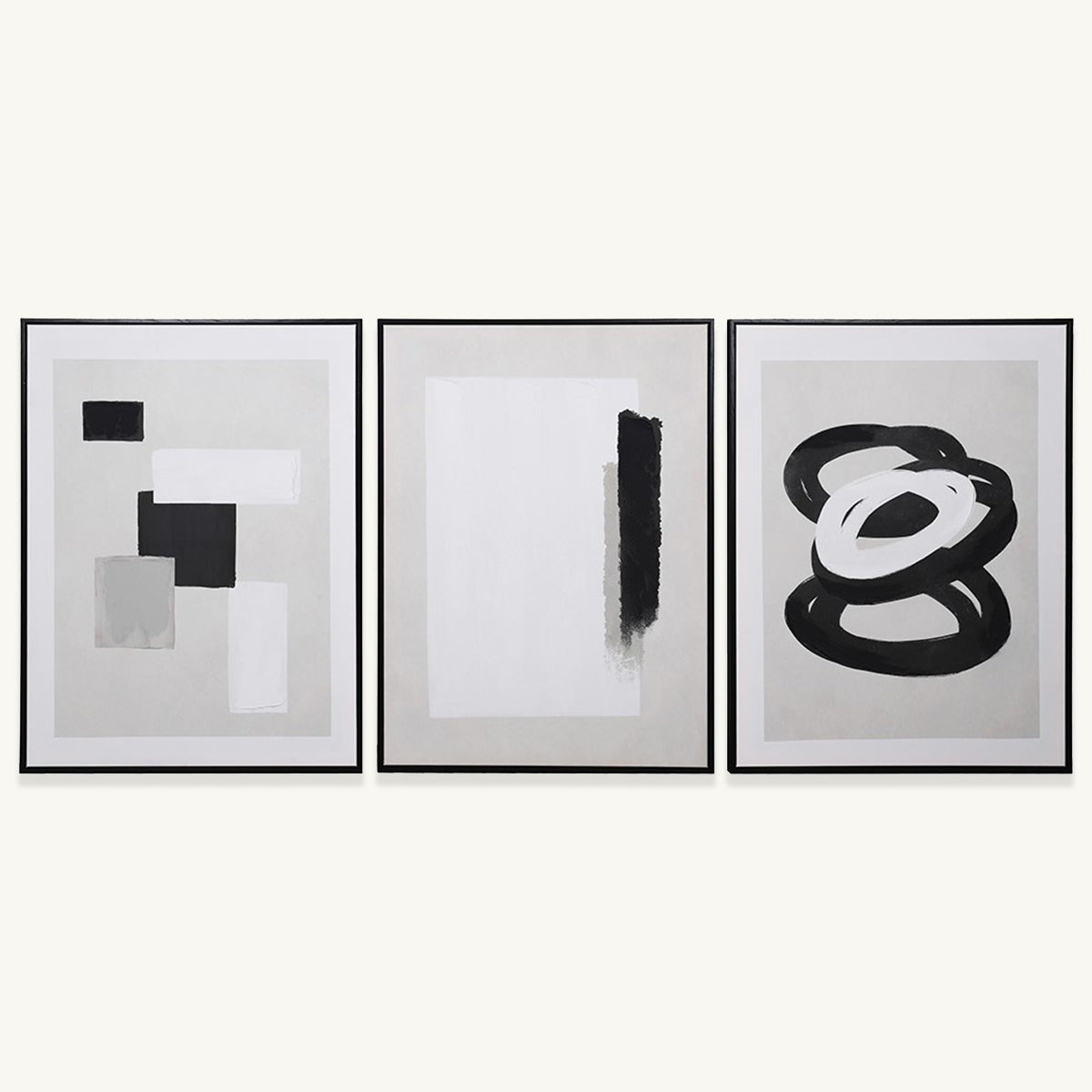 A set of three monochromatic abstract wall pictures, featuring geometric patterns.
