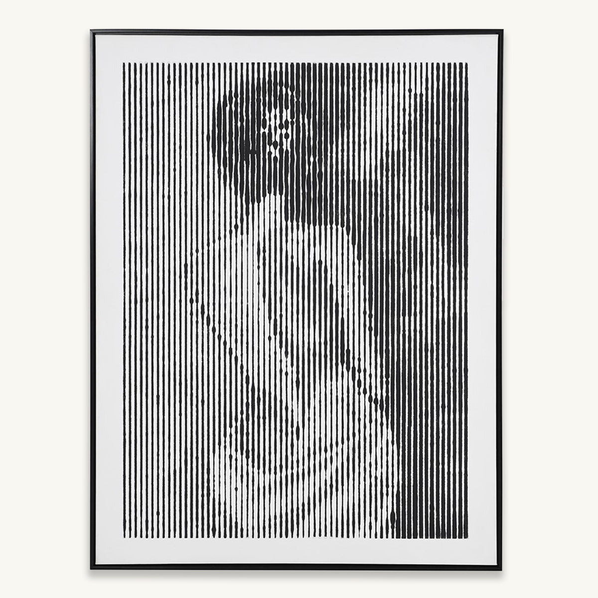 Black and white line art portrait of a person in a frame on a white background