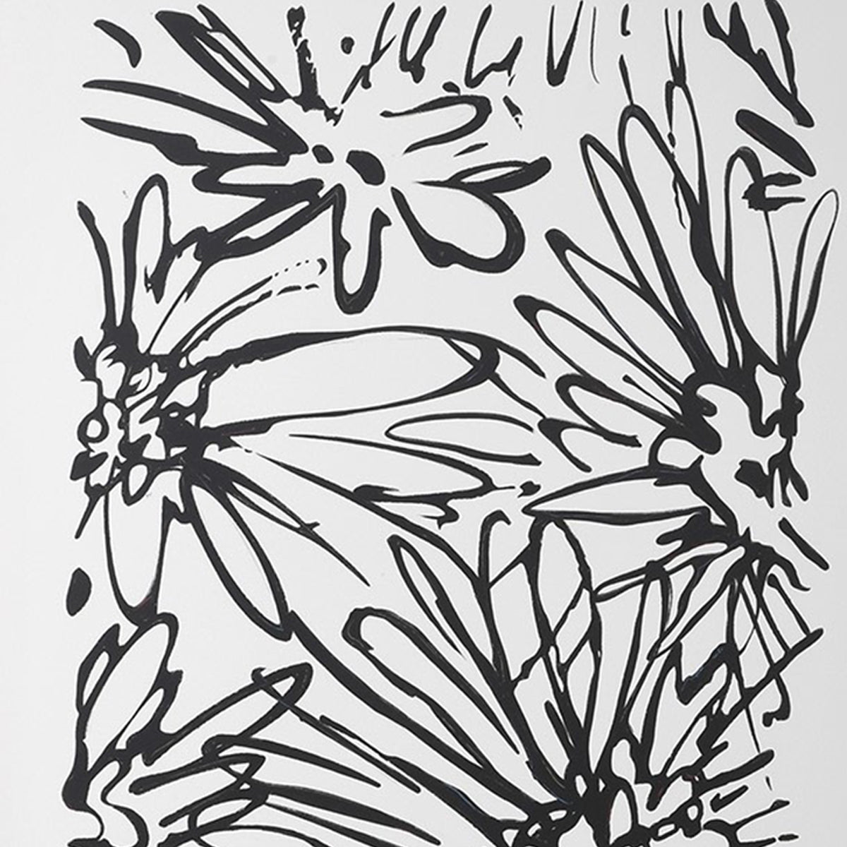 Black and white abstract pattern of leaves and flowers on a light gray background