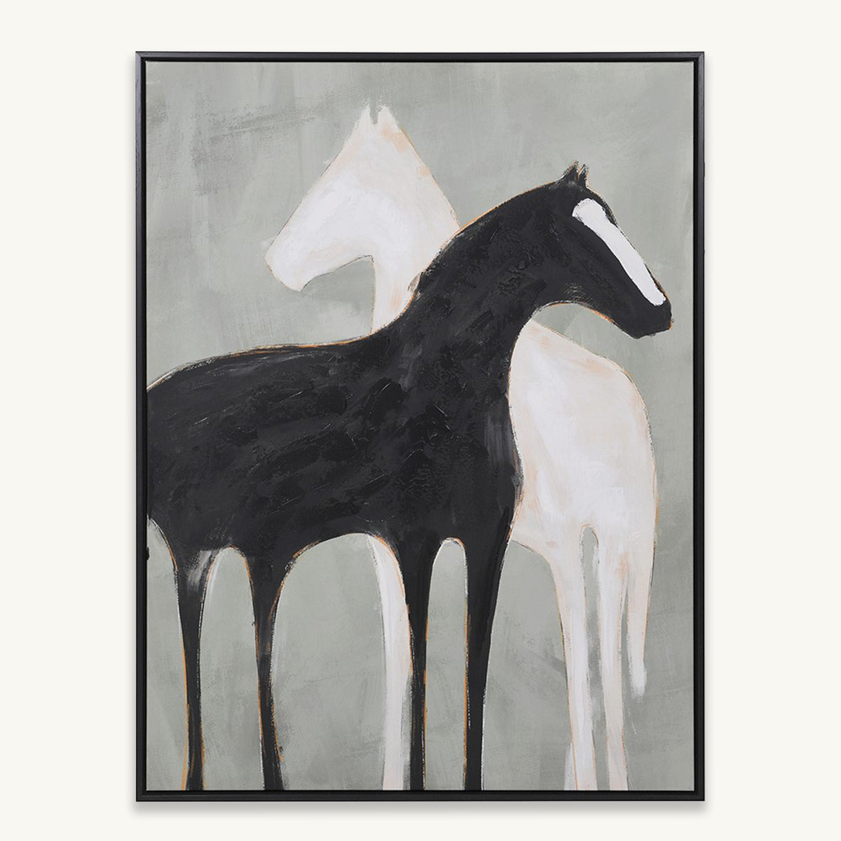 Abstract painting of two horses on a gray background