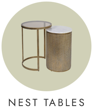 Two metallic nest tables on a beige background with 'NEST TABLES' text below.