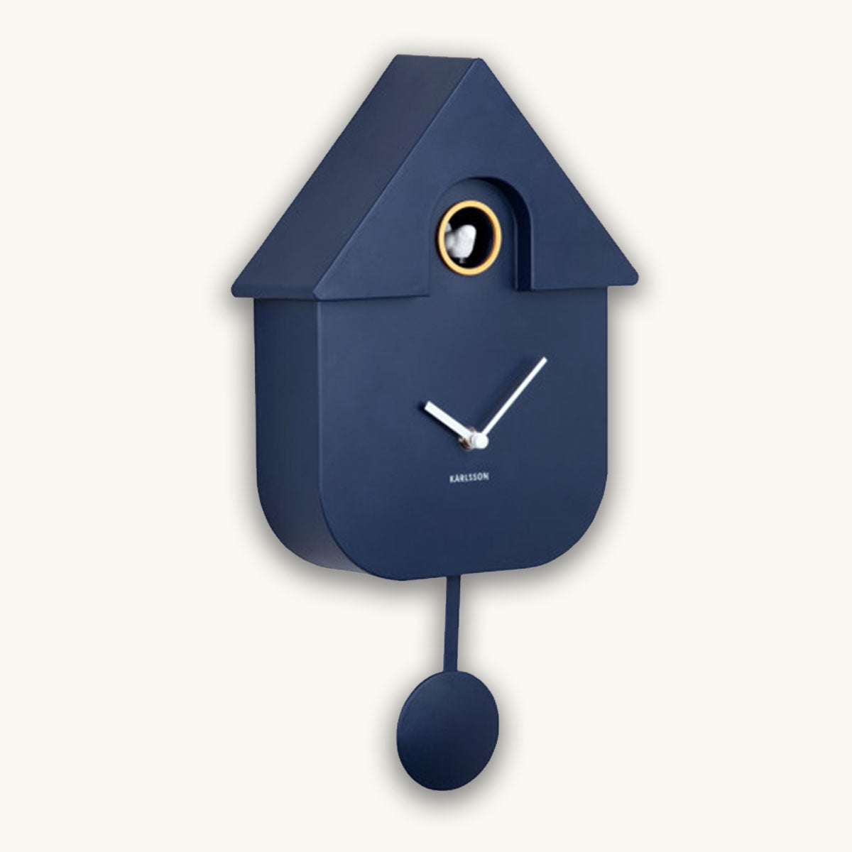 Blue cuckoo clock with white hands on a white background