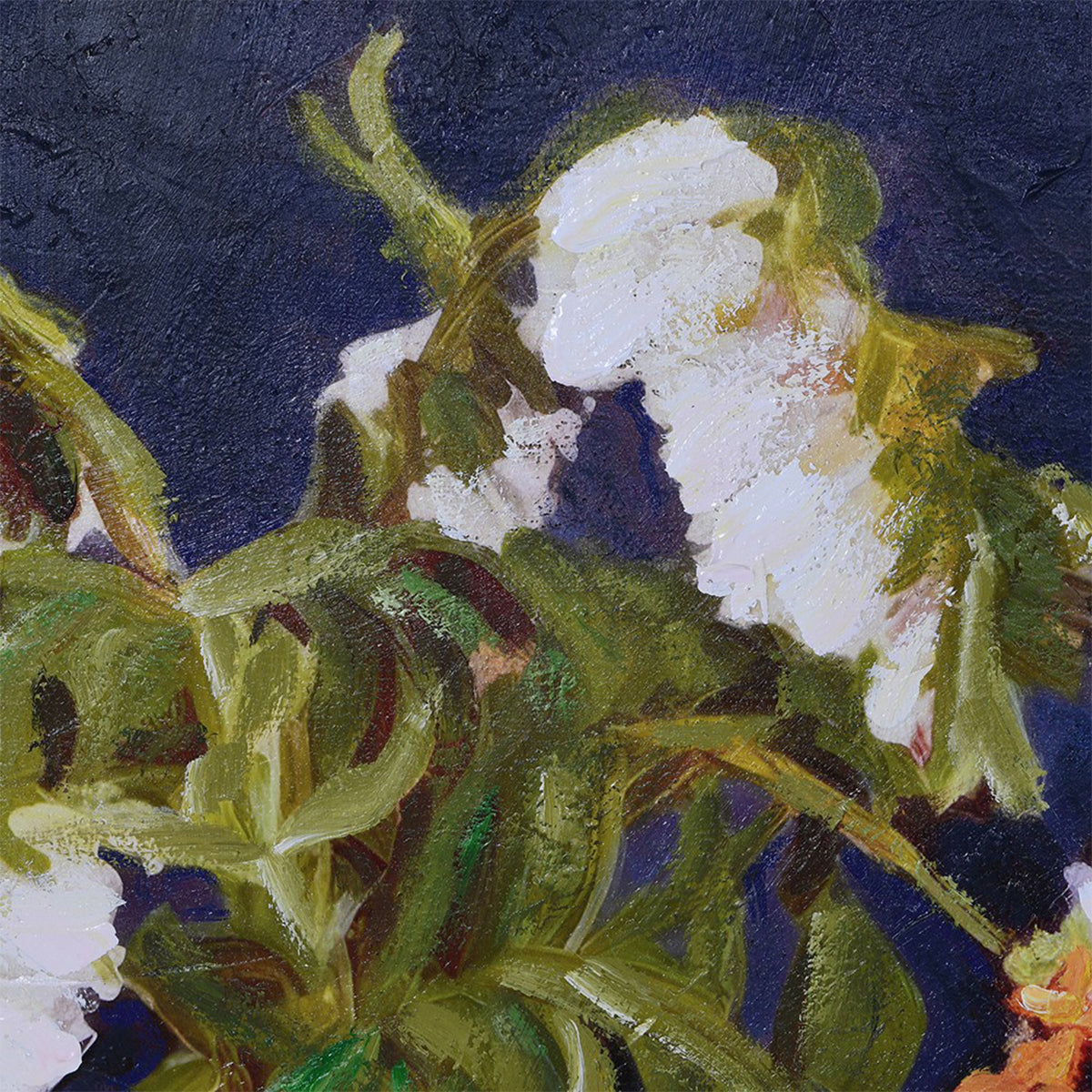 Close-up of a painting of flowers with green leaves on a dark blue background