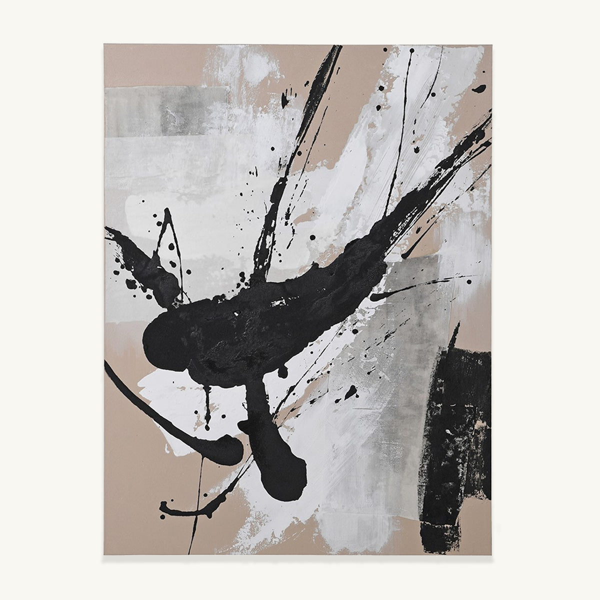 An abstract paint splatter canvas in tones of beige, white & black.