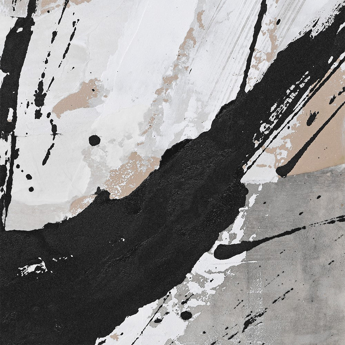 A close up of a paint splatter wall art, in shades of black, beige & white.
