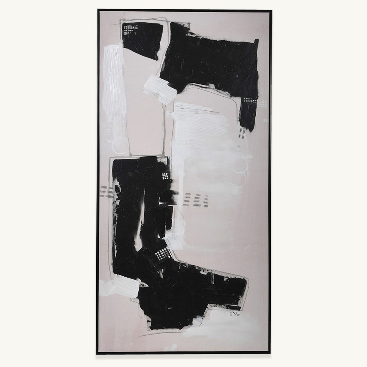 A beige & black abstract brushstroke wall canvas, in a rectangular black frame.