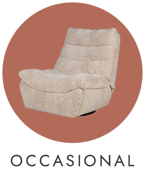 Beige occasional chair on a red background with 'OCCASIONAL' text below.