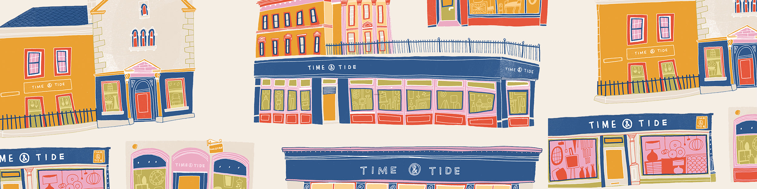 Pattern of colorful buildings with 'Time & Tide' store fronts on a beige background