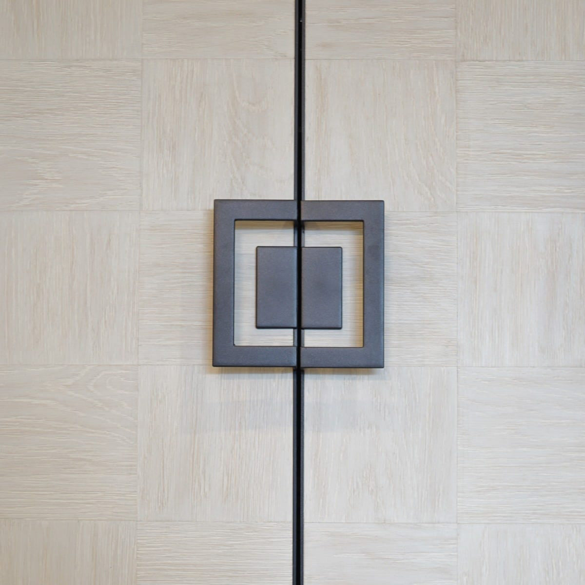 Decorative metal handle on a textured door