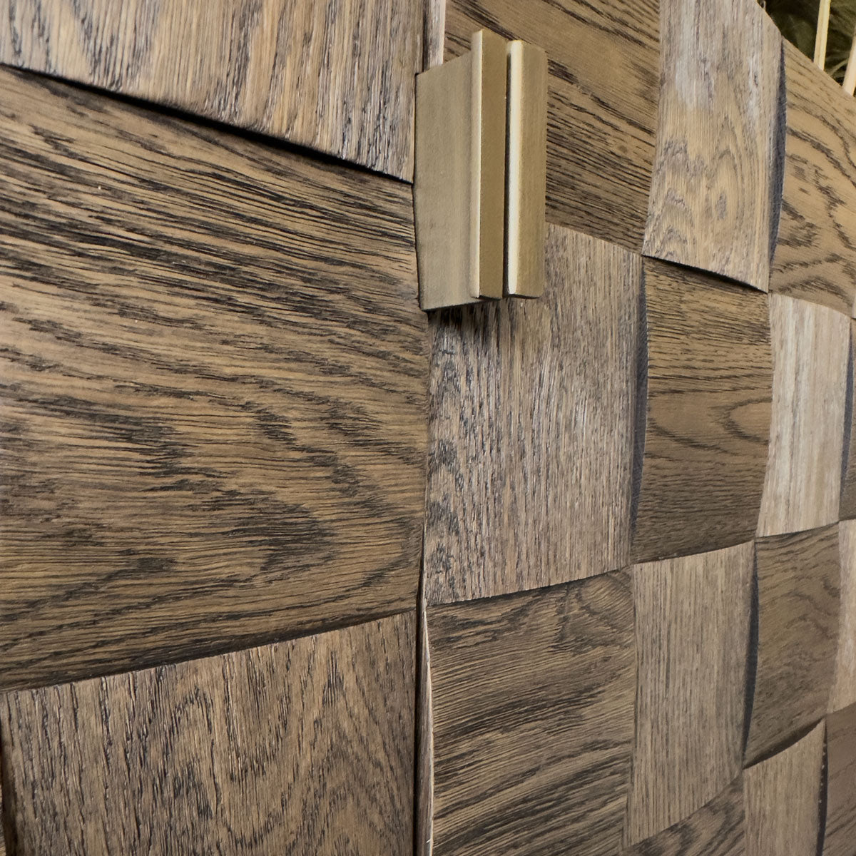 Close-up of a wooden panel cabinet with a metallic handle